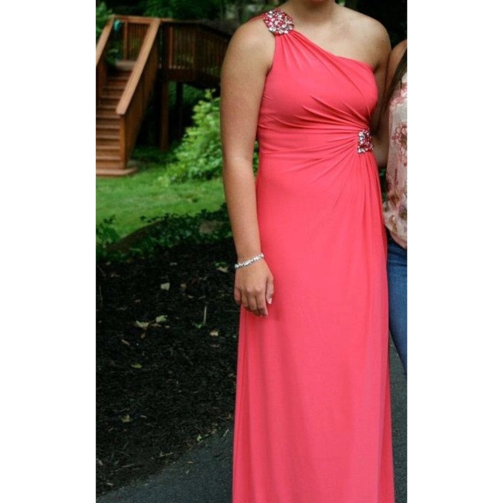 LM Collection coral prom gown